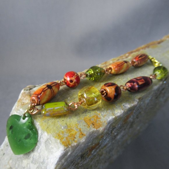 Beaded Copper Charm Bracelet Nephrite Jade Heart - Picture 4 of 8